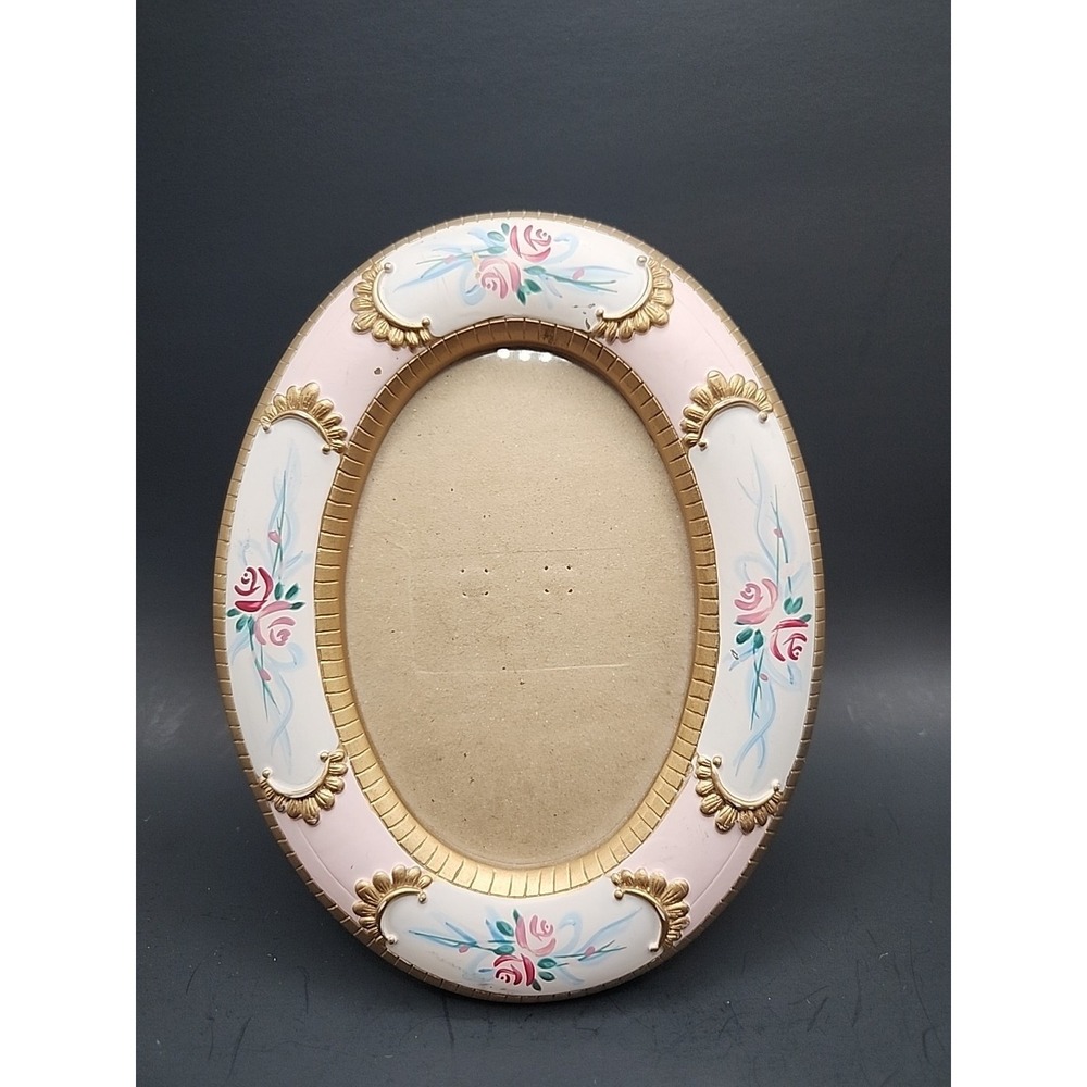 Vintage Handpainted 6.75" X 5" Oval Two's Company Rose Floral Picture Frame